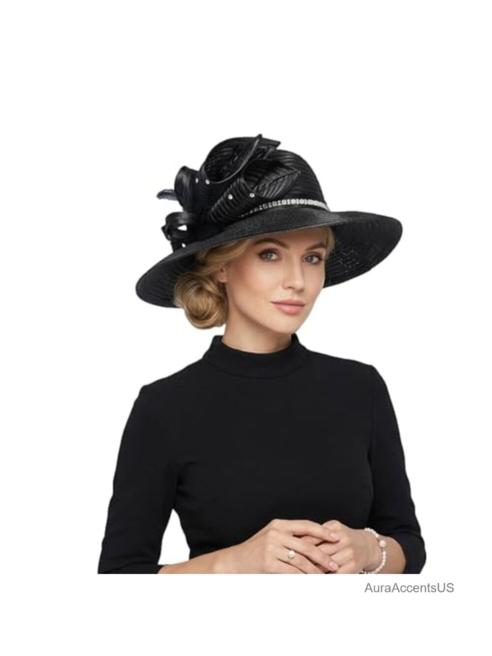 Womens Derby Church Dress Hat Wide Brim Feather Rhinestone Vintage Formal